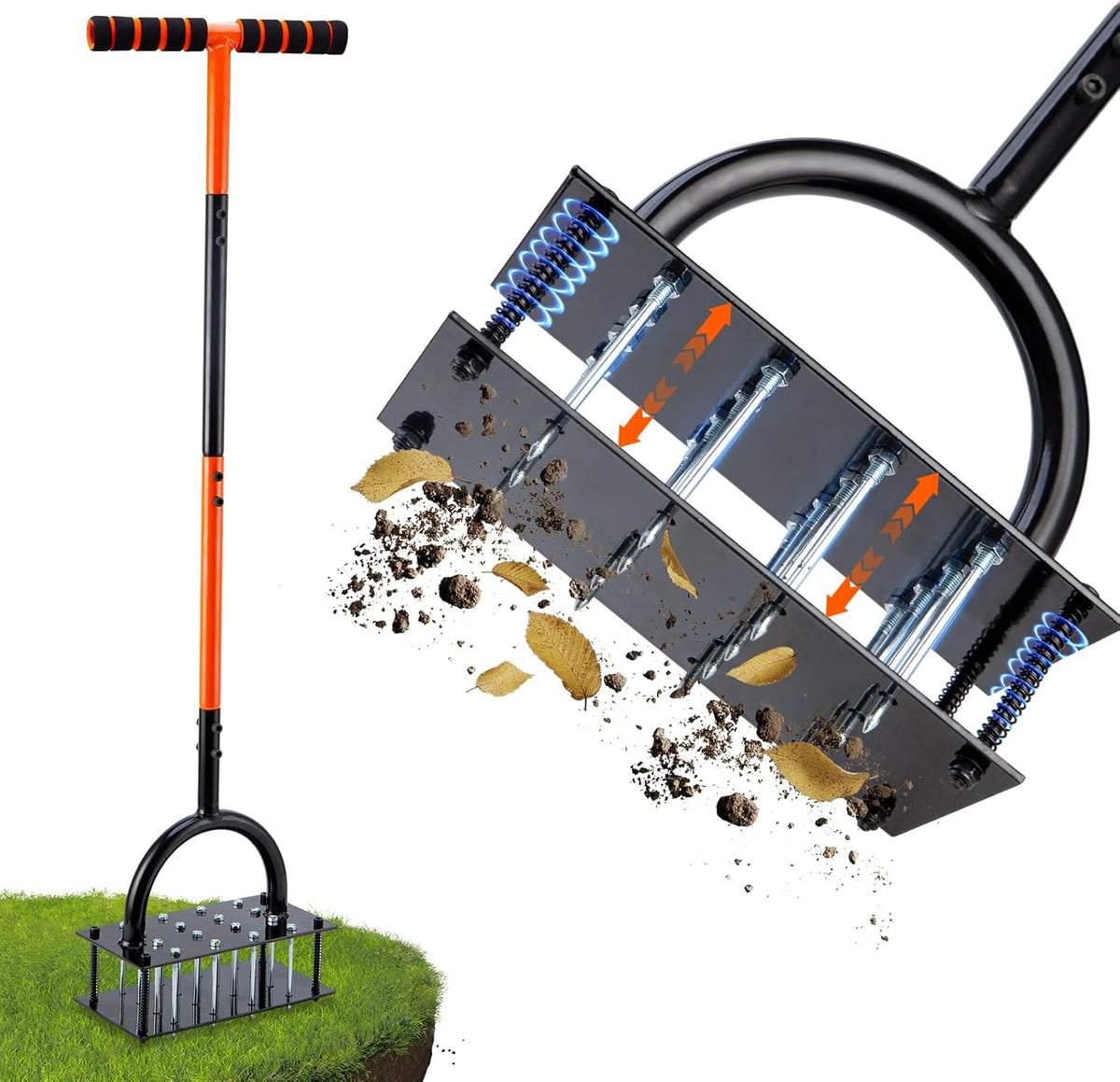 Bluesea Lawn Aerator Tool - 16 Iron Spikes with Ergonomic T-Handle, Automatic Dirt Clean for Soil