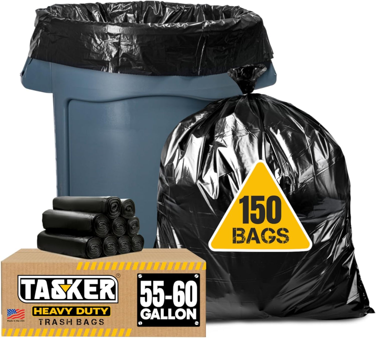 Tasker 55-60 Gallon Trash Bags Heavy Duty | Mega ValuePack 150 Bags | Large Black Garbage Bags |
