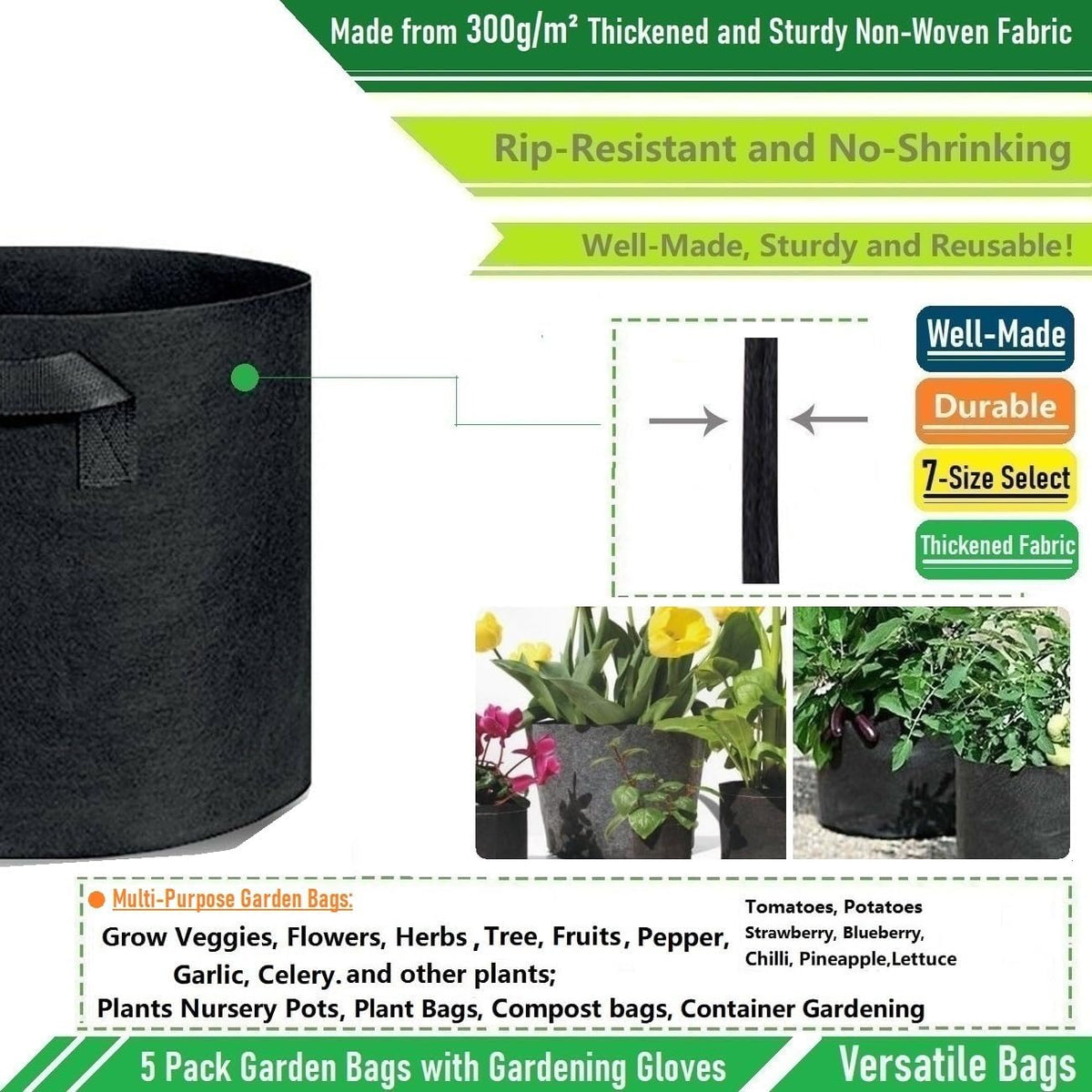 5-Pack 5 Gallon Plant Grow Bags (12x10 inch) Thickened Garden Bags Fabric Plant Pots for Flower