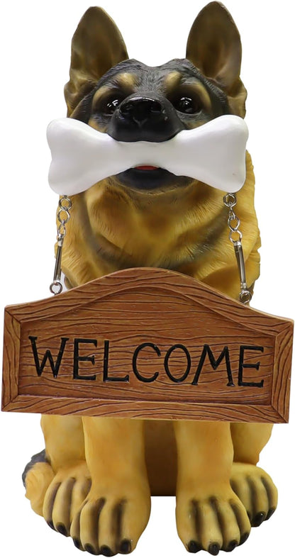 Nature's Mark German Sheperd Dog Puppy Statue with Reversible Welcome Sign and Go Away Sign Resin