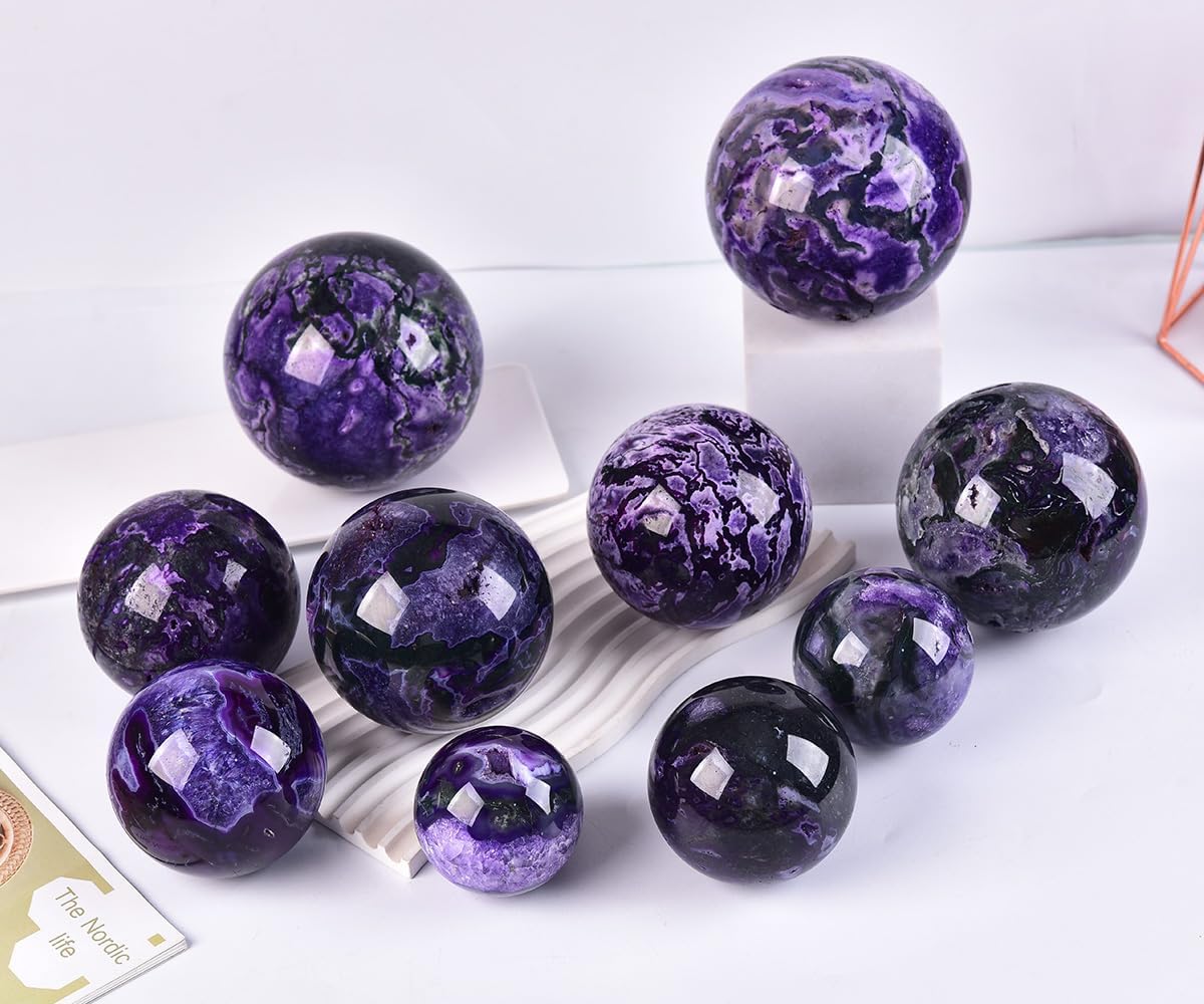 JIC Gem 3.1-3.5 inch(80-90mm) Large Purple Moss Agate Crystal Sphere Quartz Crystal Ball with Stand
