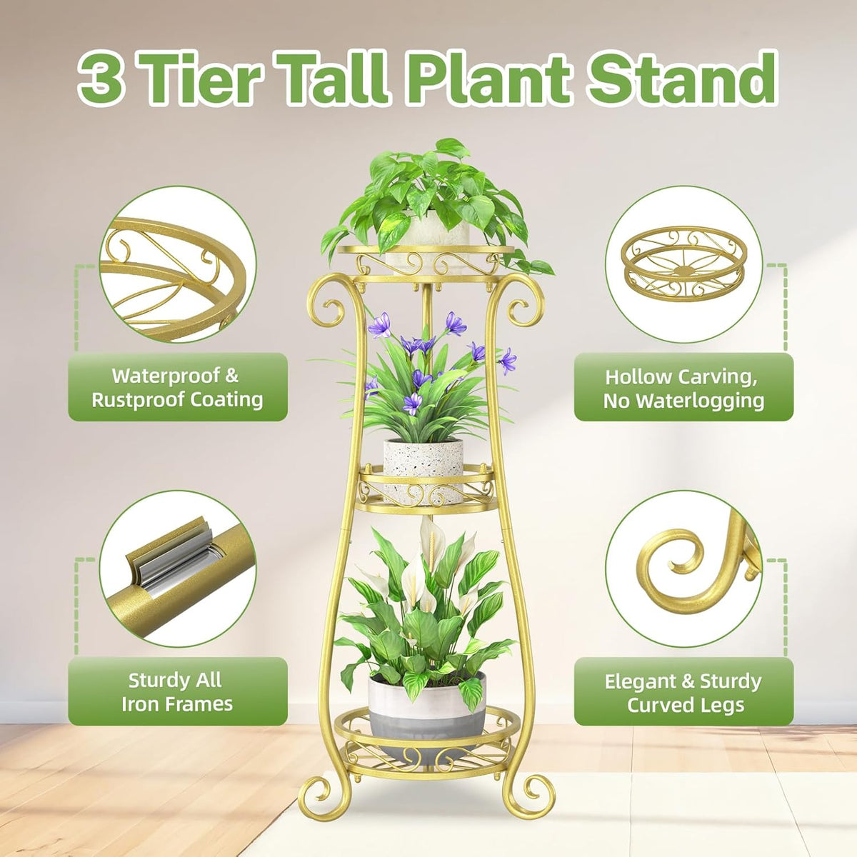 iDavosic.ly 3 Tier Metal Plant Stand Indoor Outdoor, Wrought Iron Corner Tall Flower Pot Holder