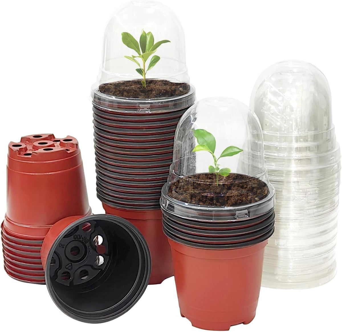 Plant Nursery Pots with Humidity Domes, 50 Sets 4 Inch Soft Nursery Pots Quality Ones (50 Red Pots