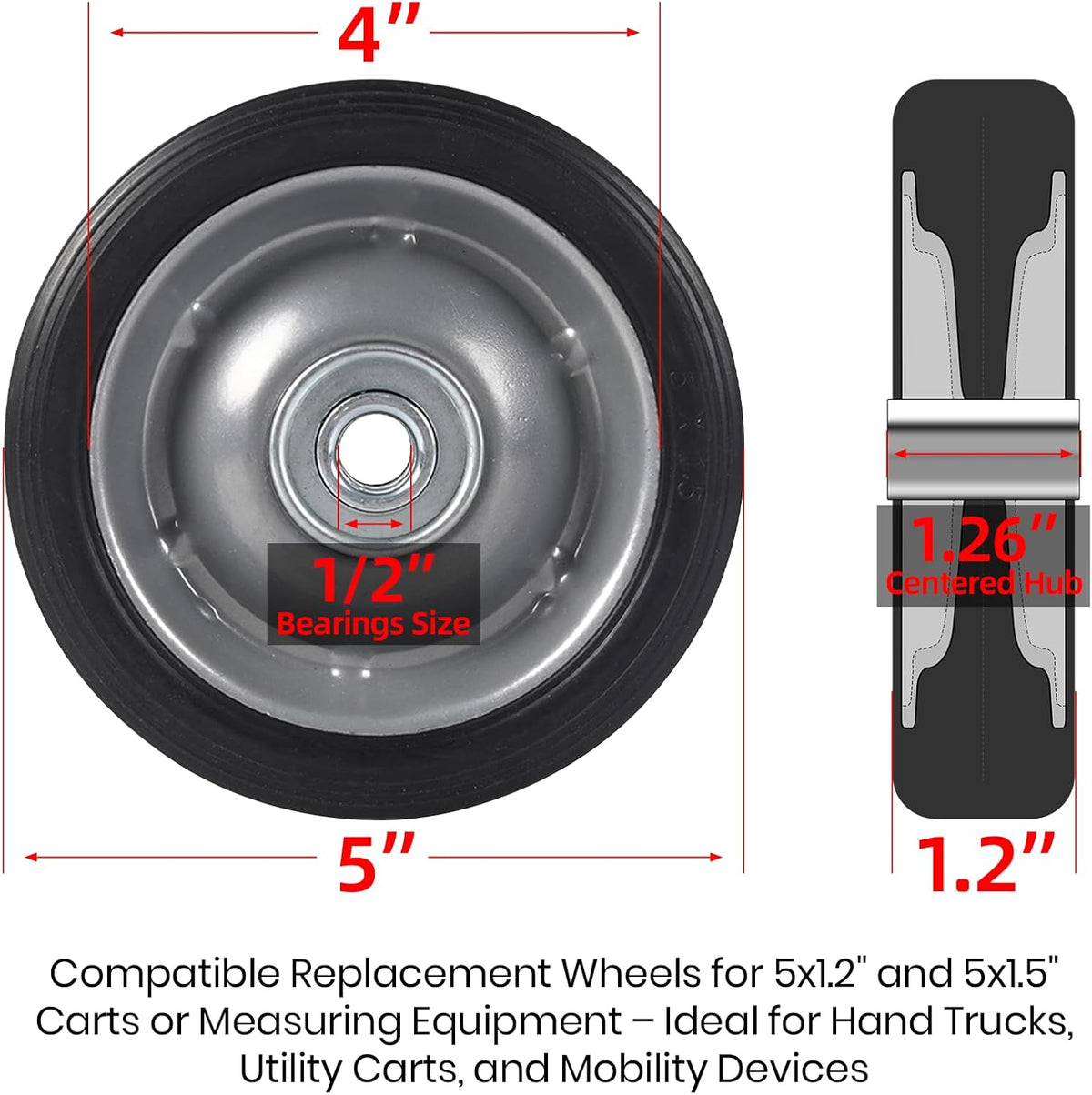 AR-PRO (2-Pack) 5" x 1.2" Flat Free Solid Rubber Wheel Assemblies - Replacement Hand Truck Wheels