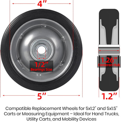 AR-PRO (2-Pack) 5" x 1.2" Flat Free Solid Rubber Wheel Assemblies - Replacement Hand Truck Wheels