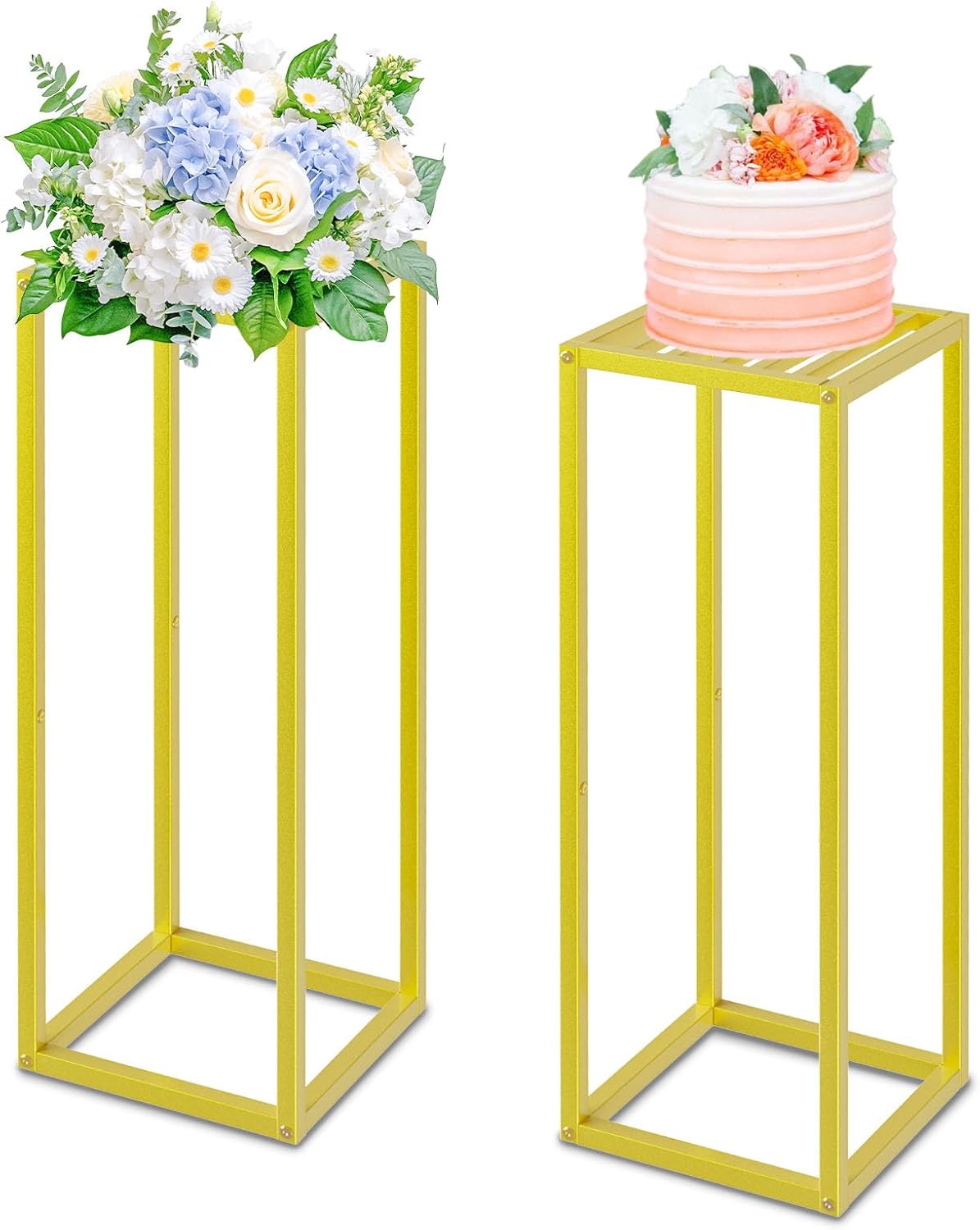 Gold Cylinder Stands for Party,2pcs Wedding flower stand,Metal Square Pedestal Stand for Display