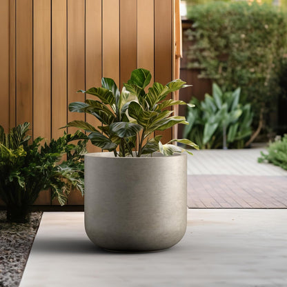 Kante 17.3-Inch Dia Round Concrete Planter, Indoor & Outdoor Garden Pot with Drainage Hole & Rubber