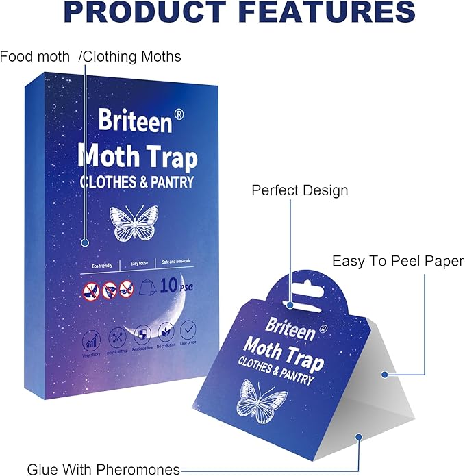 Pantry Moth Traps 10-Pack Safe and Effective for Food and Clothing- Glue Traps with Pheromones for