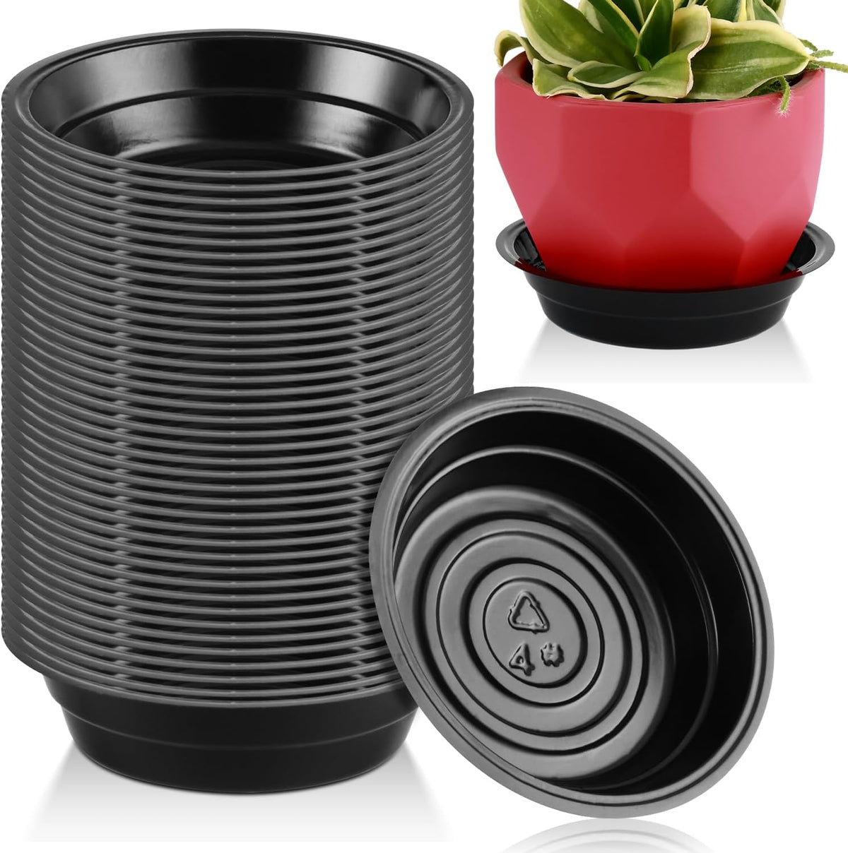 40 Pack 4 Inch Plant Saucer, Black Plant Saucers for Indoors No Holes, Plastic Plant Saucer for