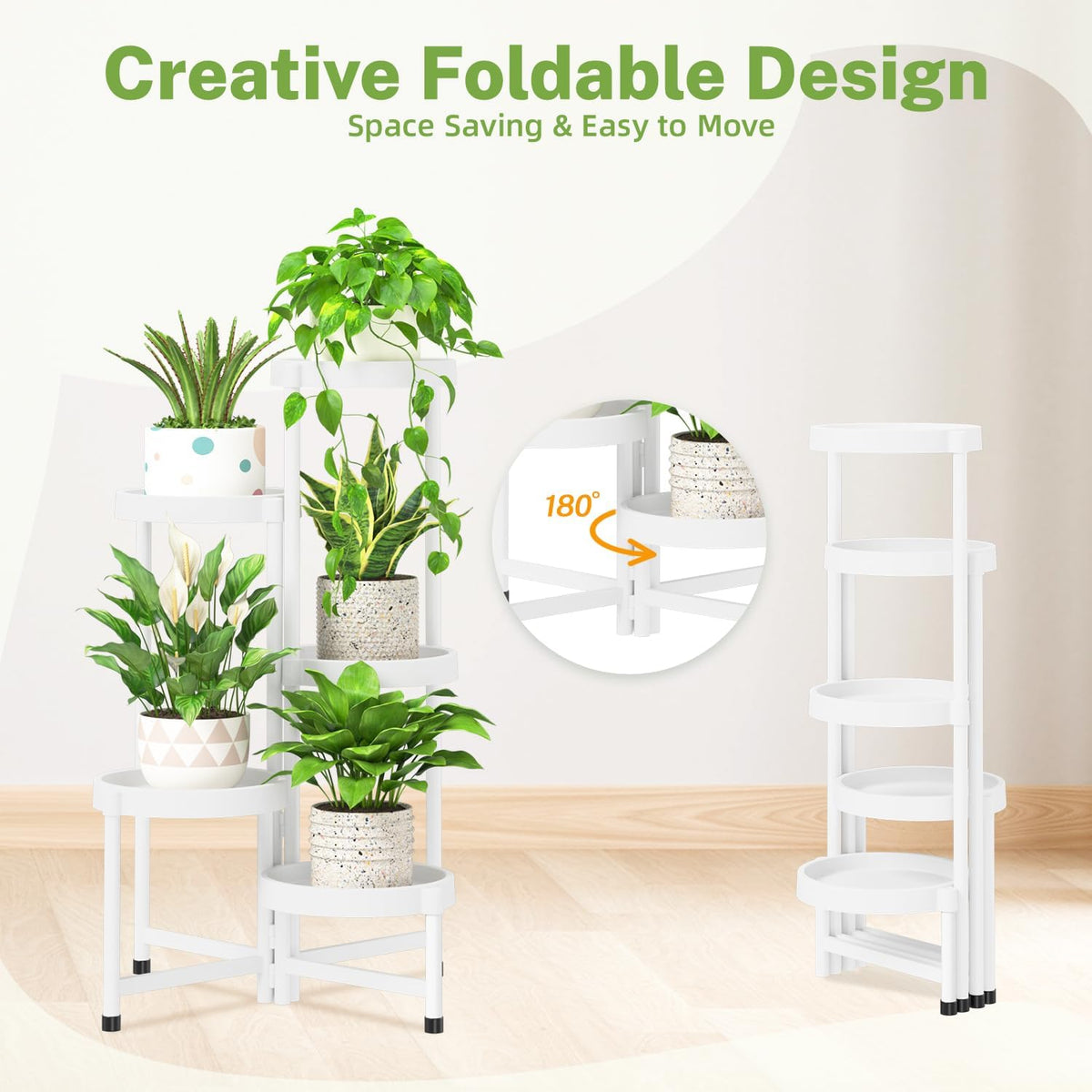 iDavosic.ly 5 Tier Folding Plant Stand Indoor Outdoor with Plastic Tray, Tiered Corner Flower