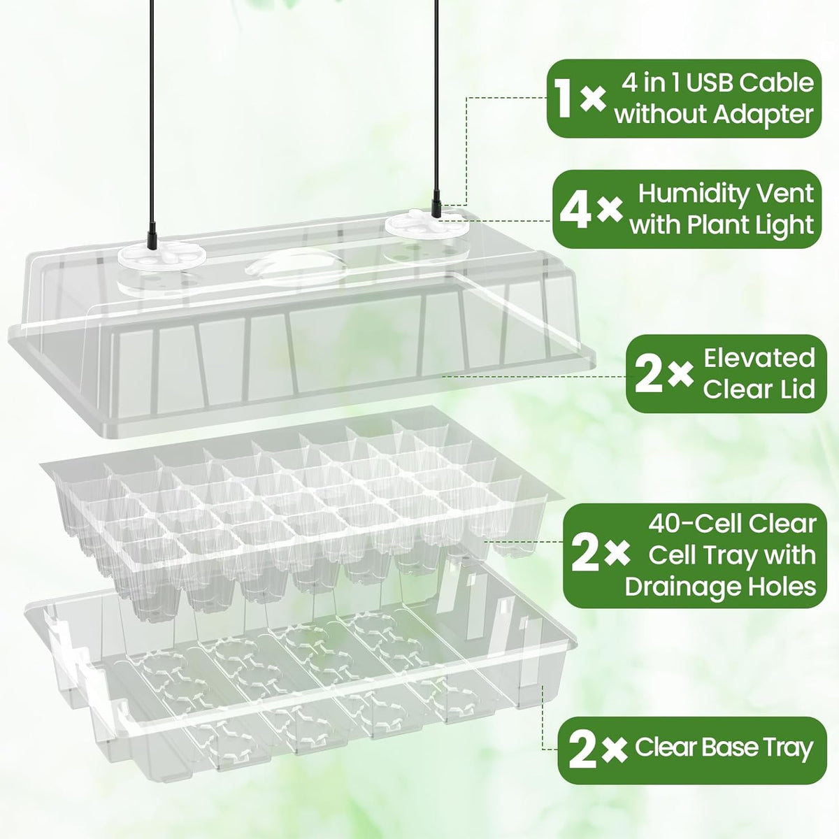 Bonviee 2-Pack Seed Starter Tray with Plant Light, Elevated Seedling Starter Trays Kits with