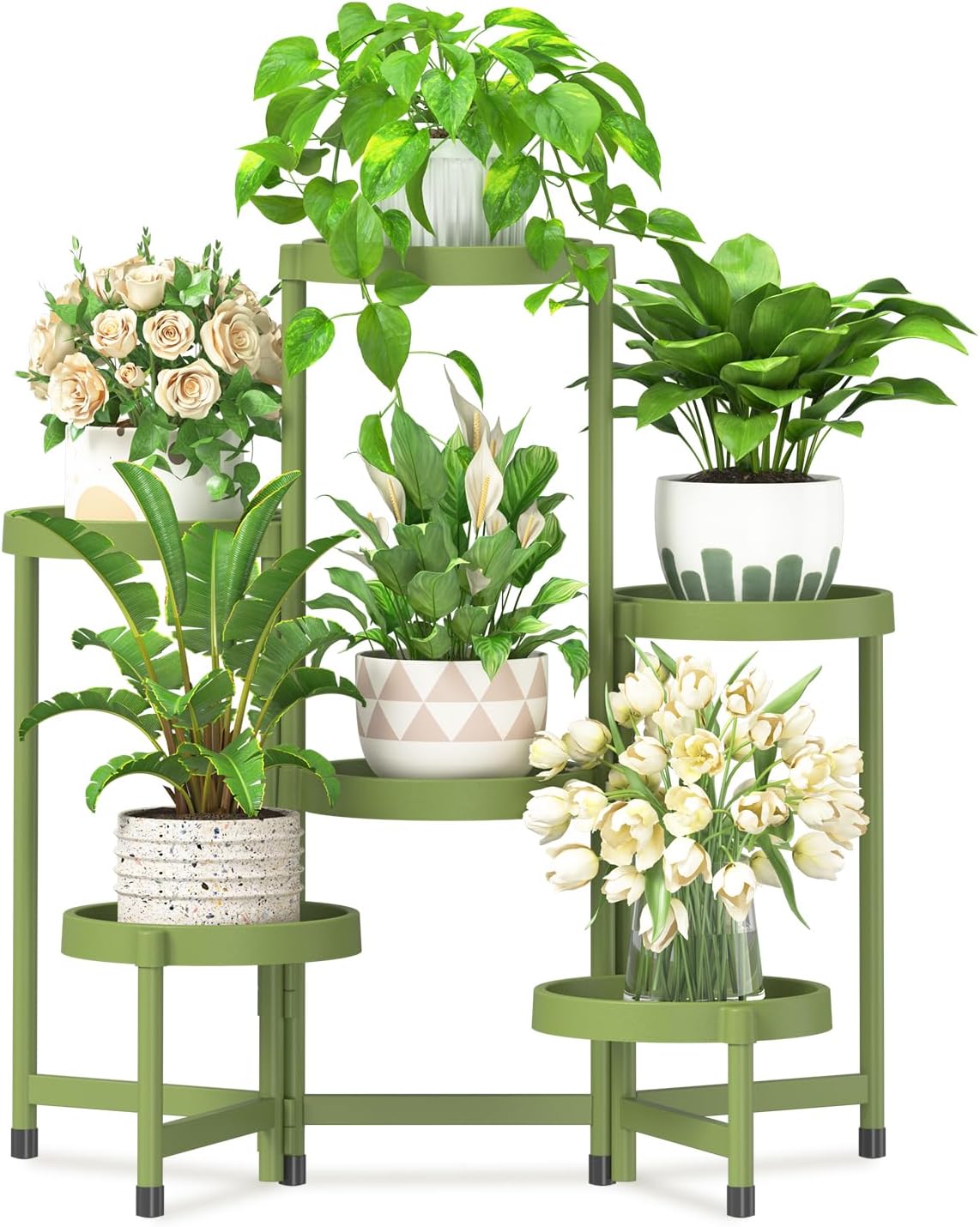 iDavosic.ly 6 Tier Folding Plant Stand Indoor Outdoor with Plastic Tray, Tiered Corner Flower