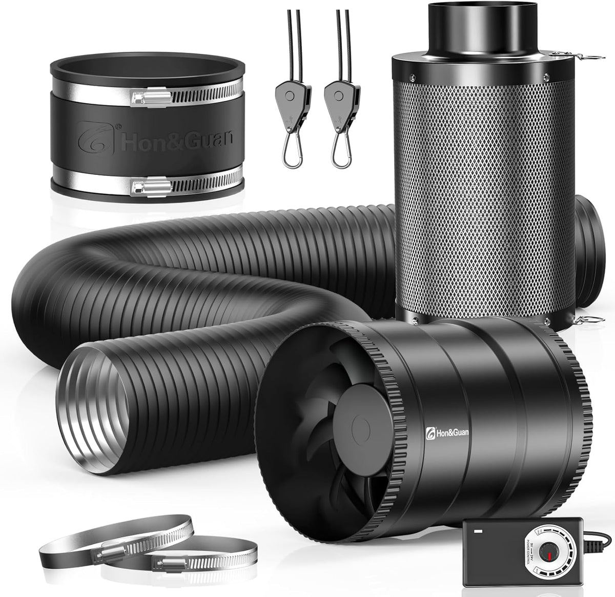 Hon&Guan 6" Air Filtration Kit: 6 Inch Inline Duct Fan with Speed Controller, 12" High Carbon
