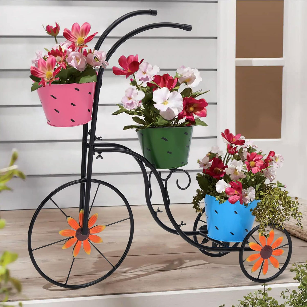 BAYN Bicycle Planter Stand, Metal Flower Pot Cart Holder with 3 Plant Bucket Outdoor Decorative for