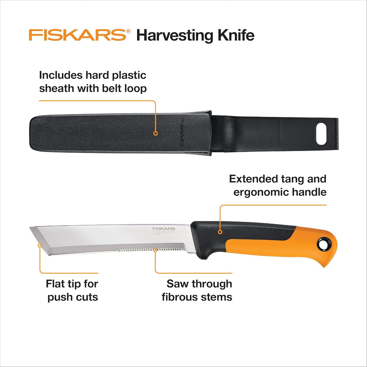 Fiskars Harvesting Knife with Serrated Edge, Gardening Hand Tool with Flat Tip Blade and Sheath