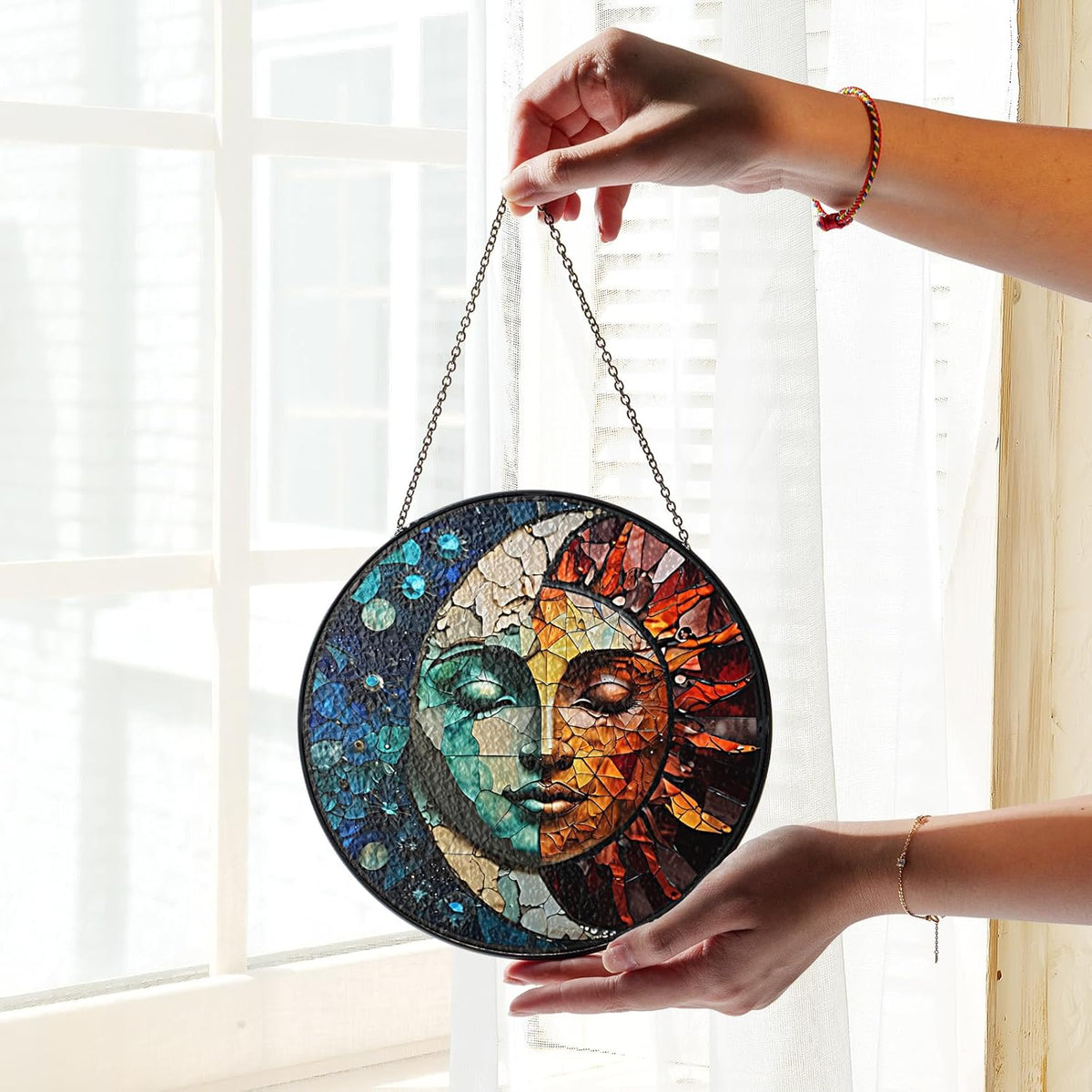7.8" Sun and Moon Stained Glass Suncatchers Art Glass Celestial for Sun Catcher Indoor Window Gifts