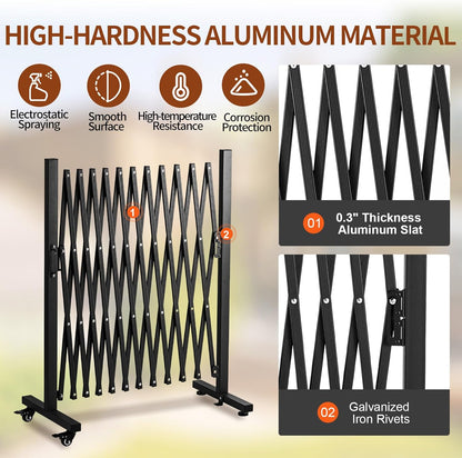 TECSPACE Aluminum Expandable Garden Fence, Portable Barricade Gate with Casters, Expansion Size