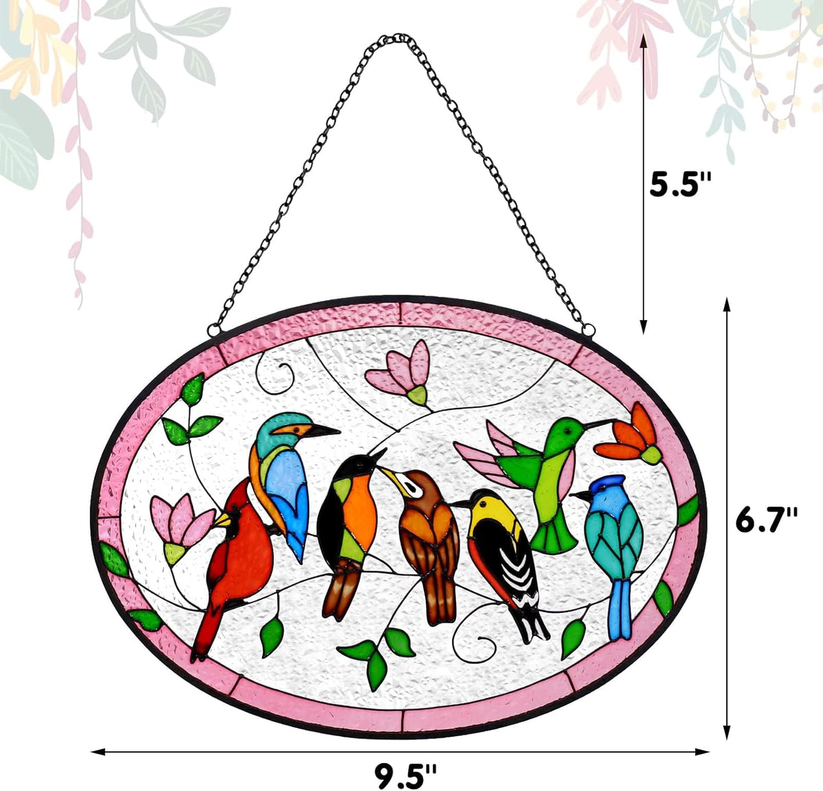 Huray Rayho Birds On A Branch Stained Glass Ornament, 9.5''x6.7'' Cardinal Hummingbird Suncatcher