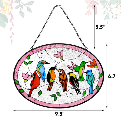 Huray Rayho Birds On A Branch Stained Glass Ornament, 9.5''x6.7'' Cardinal Hummingbird Suncatcher