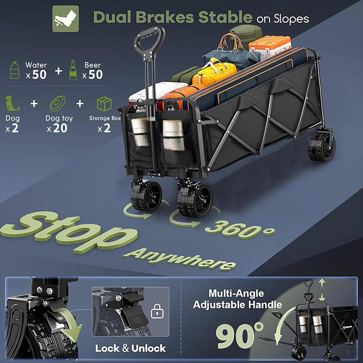 350L Large Capacity Foldable Wagon with Brakes, 560lbs Heavy Duty Collapsible Wagon Cart with Push