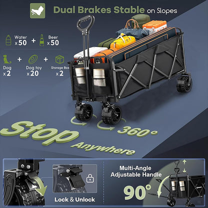 350L Large Capacity Foldable Wagon with Brakes, 560lbs Heavy Duty Collapsible Wagon Cart with Push