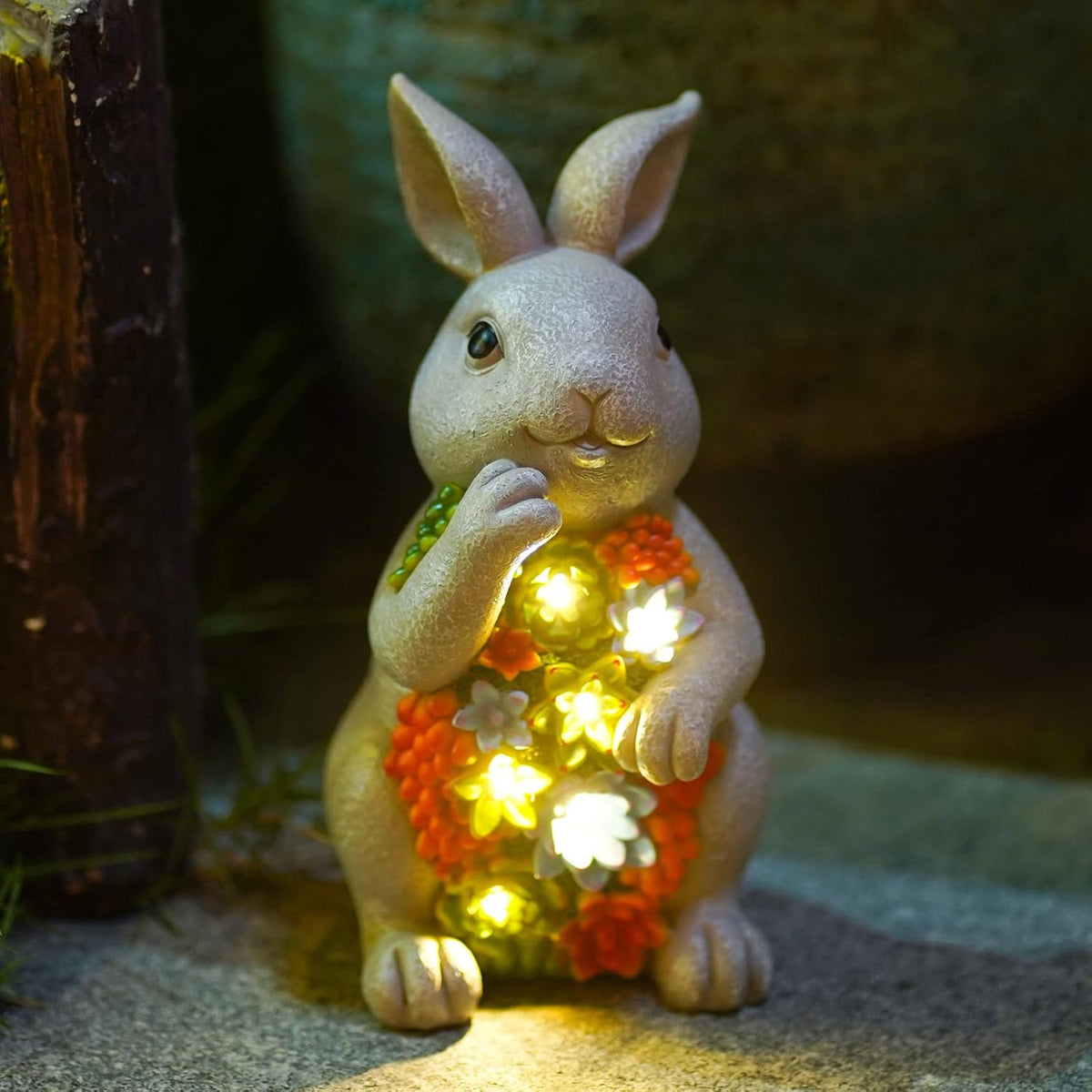 Nacome Garden Outdoor Statues Bunny with Succulent and 7 LED Lights – Lawn Decor for Patio