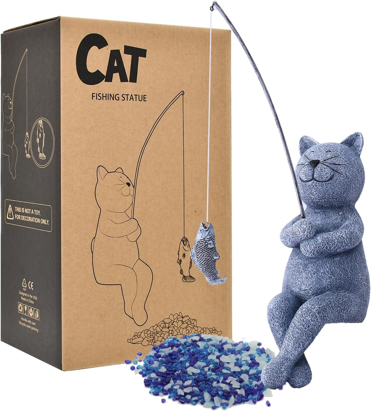Goodeco Fishing Cat Garden Statue – 10" Little Cat Fisher for Garden Pond Decor, Poolside Statue