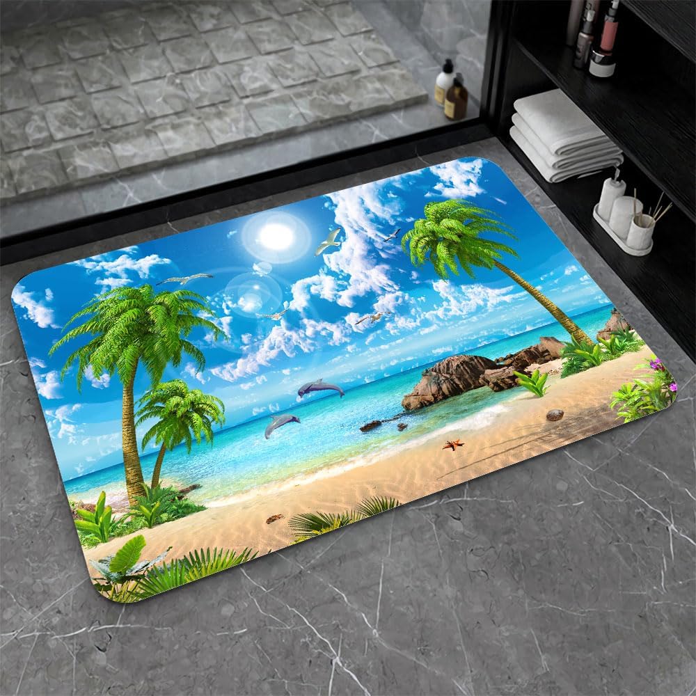 Bath Mat-Bathroom Rug，Summer Coconut Beach Dolphins-Absorbent Non Slip Quick Dry Stain Resistant