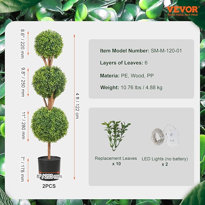 VEVOR Artificial Boxwood Topiary Tree, 48 inch Tall (2 Pieces), Triple Ball-Shaped Faux Topiary