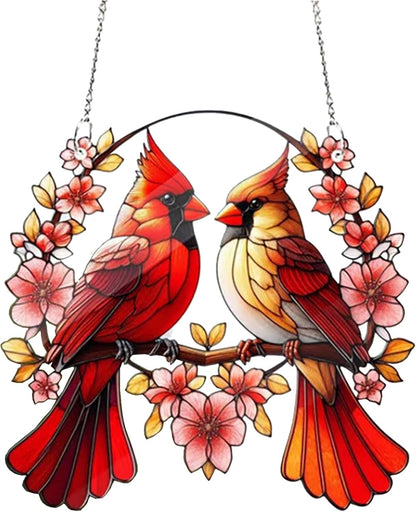 Acrylic Window Hanging Cardinal Suncatcher Decor,Red Bird Suncatcher Panel Outdoor Wall Art Stained