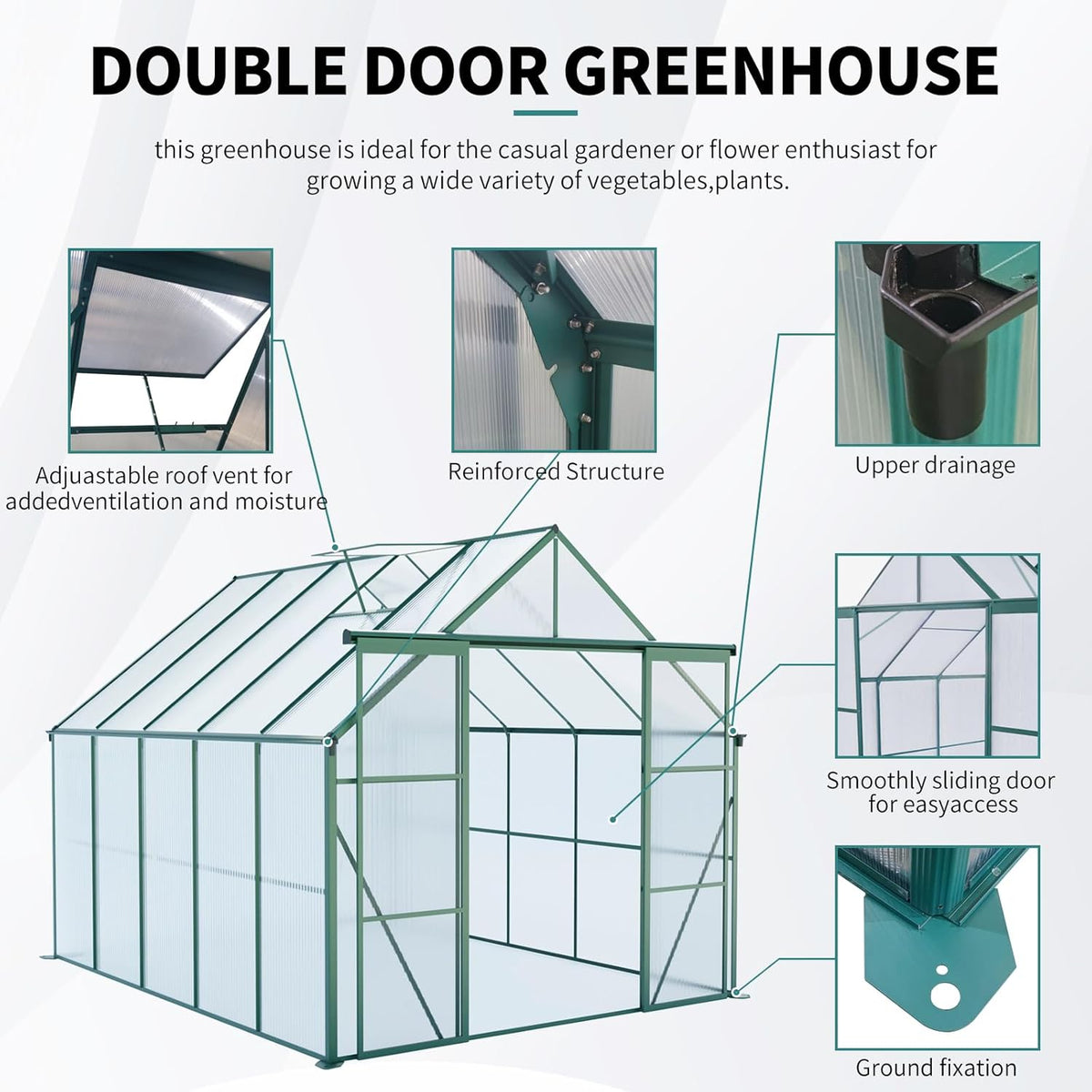 KEIKI 8x10 FT Double Door Polycarbonate Greenhouse with Aluminum Frame,Raised Base and Roof