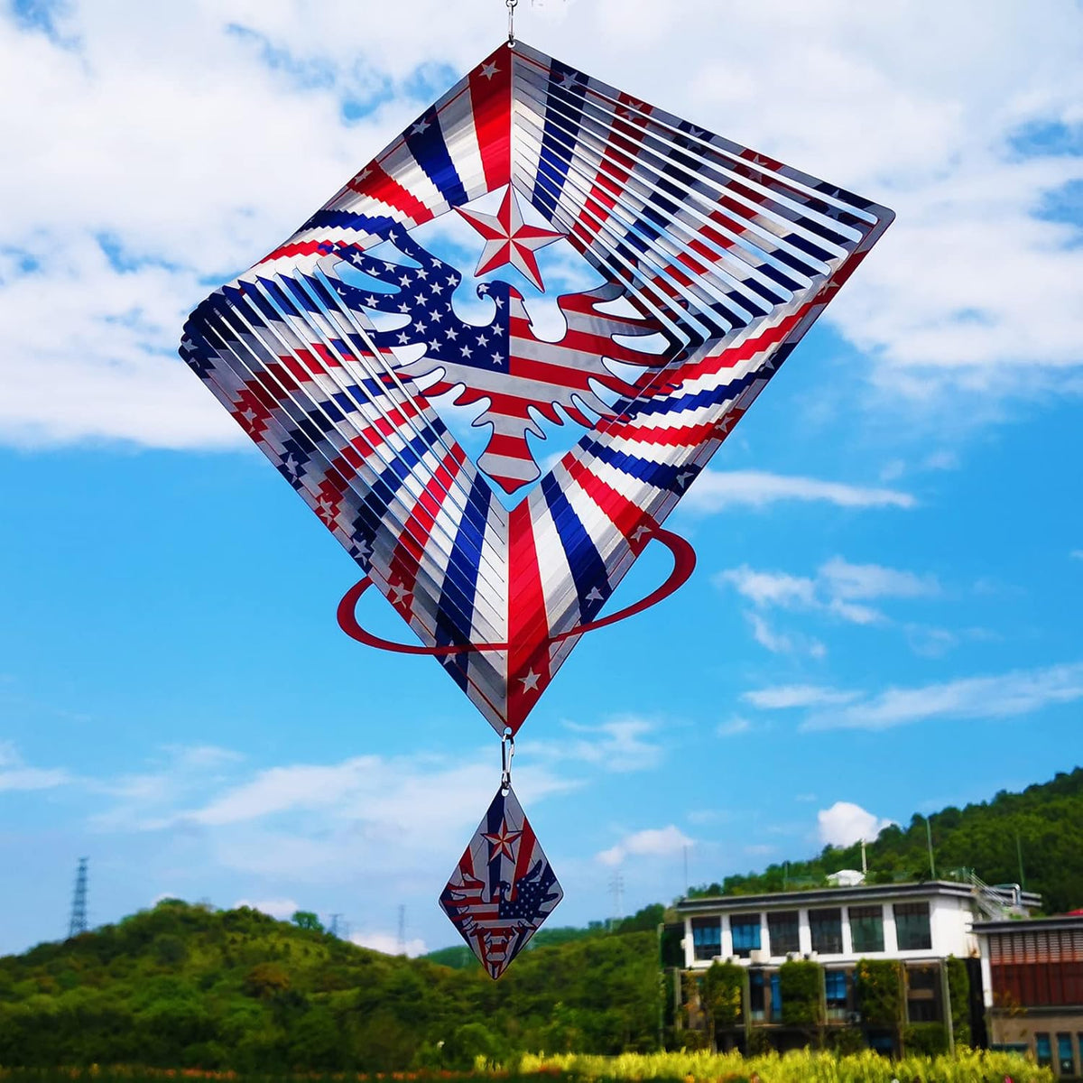 DJUAN 4th of July Decorations,13.5in Stainless Steel Eagle Flag Patriotic Wind Spinner Fourth of