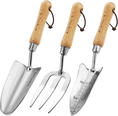 Berry&Bird Garden Tool Set- 3PCS Stainless Steel Gardening Tool Sets with Wooden Handle Trowel
