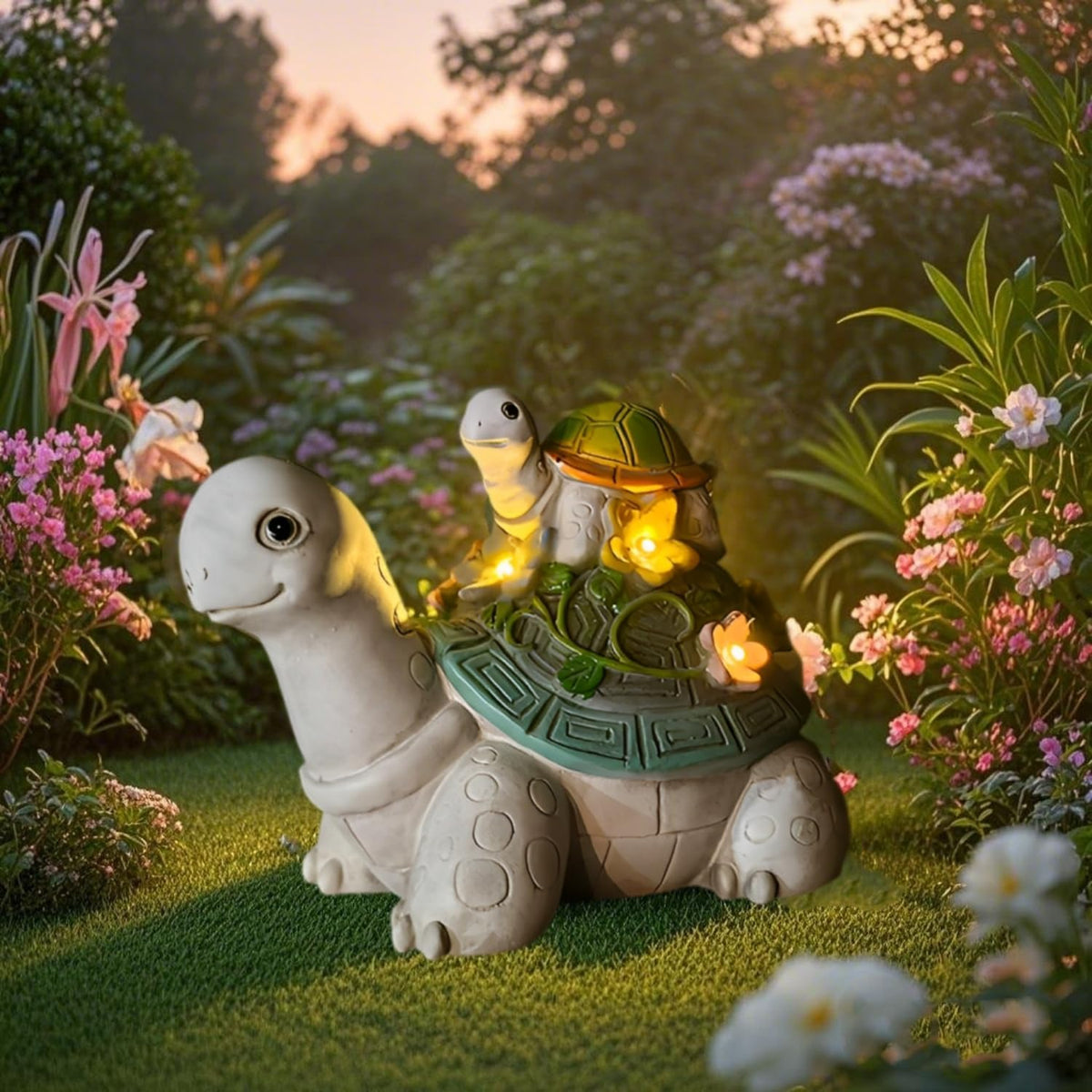 Solar Garden Outdoor Statues Turtle with Succulent and 7 LED Lights, Cute Outdoor Turtle Decor for