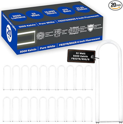 GoodBulb 32 Watt 6 Inch T8 Fluorescent U-Bend Light Bulb 5000K Daylight Medium Bi-Pin Base High