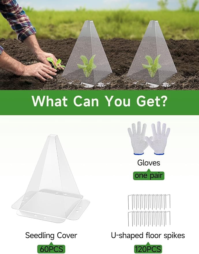 20 Pack Garden Cloches for Plants - Clear Reusable Plastic Seedling Covers with 40 Metal Stakes