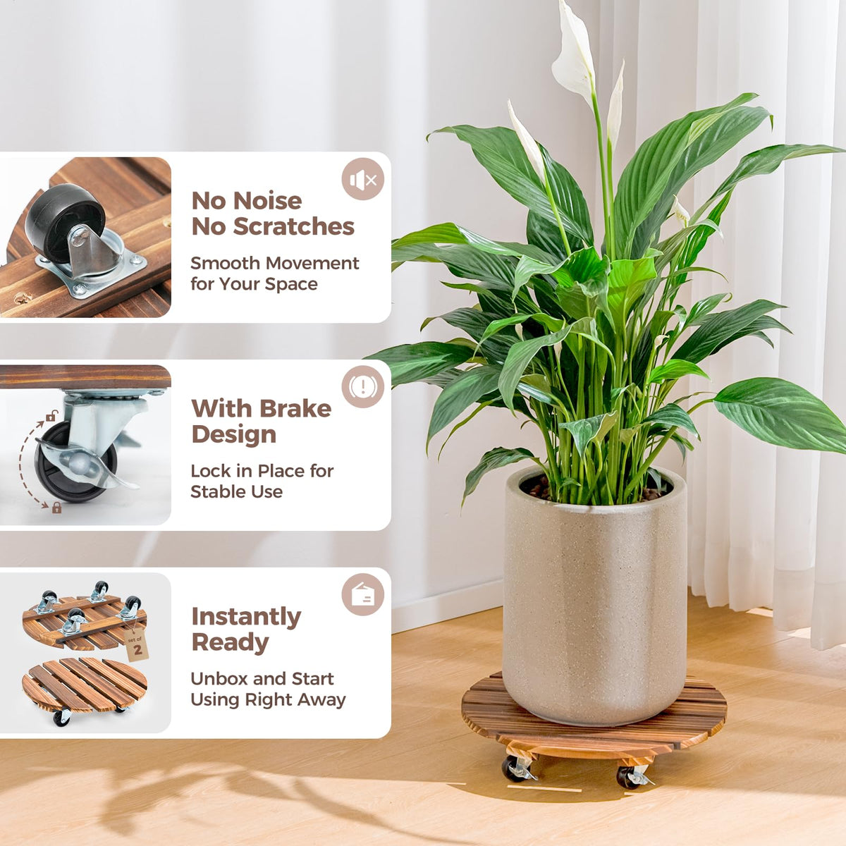 Bamworld Plant Stand Outdoor Rolling Tray Plant Caddy with Wheels 12in Plant Caster with Wheels