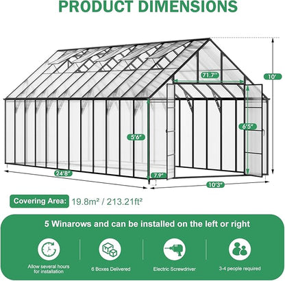 CDCASA 10x24 FT Greenhouse for Outdoors,Large Easy Assembly Thicker Aluminum Polycarbonate