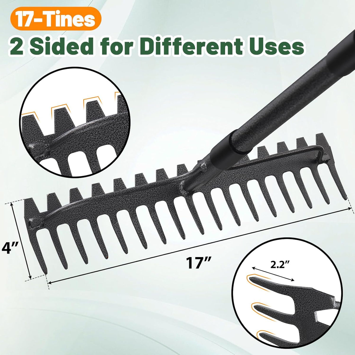 Garden Rake, 63 Inch Long Handle with 17 Tongs, Heavy Duty Metal Bow Rake for Loosening Leveling