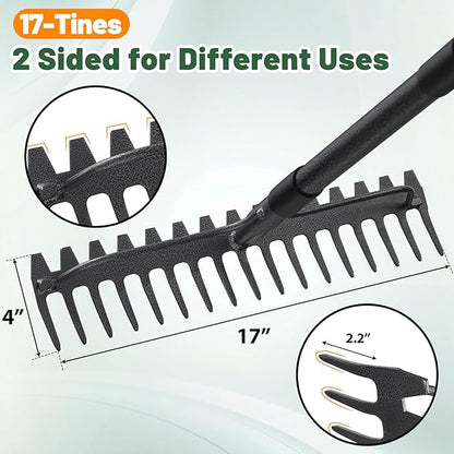 Garden Leaf Rake with 77 Inch Handle, Heavy Duty 17 Inch Wide Metal Garden Lawn Rake for Loosening