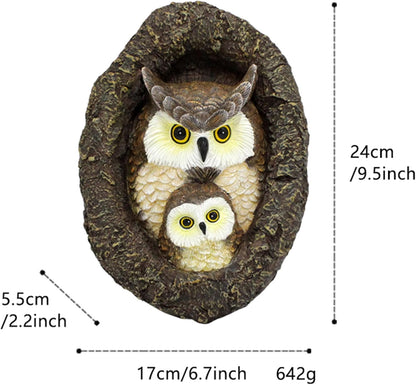 Owl Mom and Owlet Tree Hugger, Outdoor Garden Sculpture Tree Faces, Owl Bird Garden Resin Statue