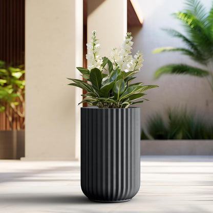 Kante Tall Fulted Planter, 21.7 Inch Tall Round Concrete Plant Pots with Drainage Hole and Rubber