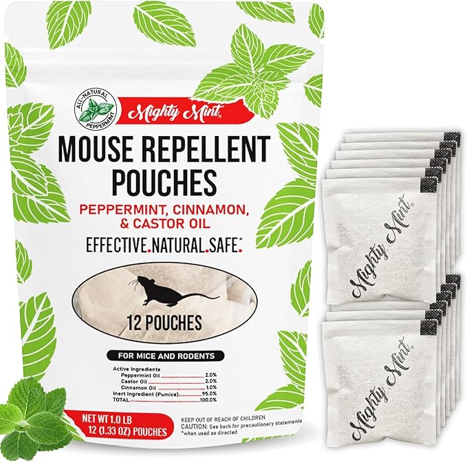 Mighty Mint Mouse Repellent Pouches – Peppermint, Castor Oil & Cinnamon Formula – Natural Indoor