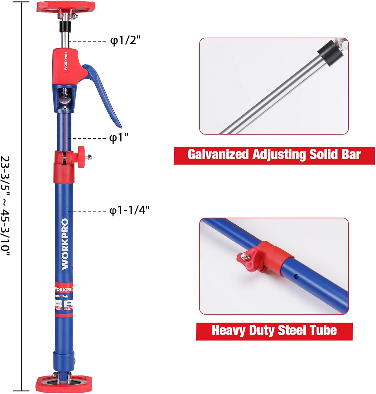 WORKPRO Cabinet Jack Support Pole, 23-5/8" to 45-1/4" Steel Telescopic Quick Support Rod Adjustable