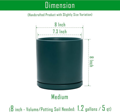 D'vine Dev 8 Inch Ceramic Planter Pot with Drainage Hole and Saucer, Indoor Cylinder Round Planter