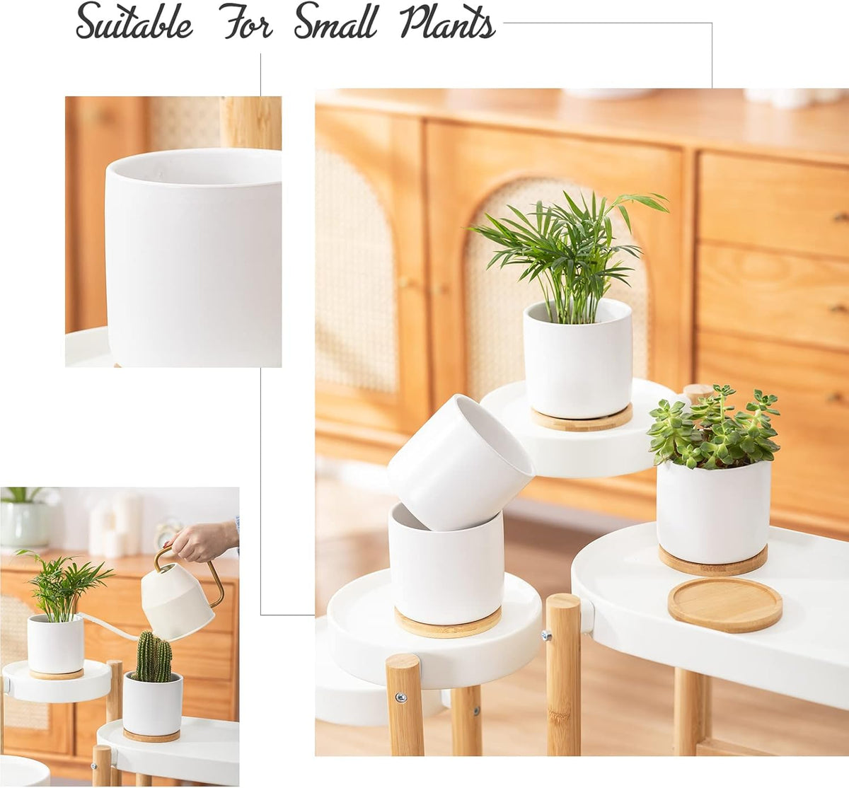 OMAYKEY 4 Inch Ceramic Plant Pot with Saucer, White Planters Pots with Drainage Hole and Mesh Pads