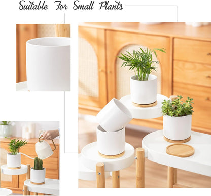 OMAYKEY 4 Inch Ceramic Plant Pot with Saucer, White Planters Pots with Drainage Hole and Mesh Pads