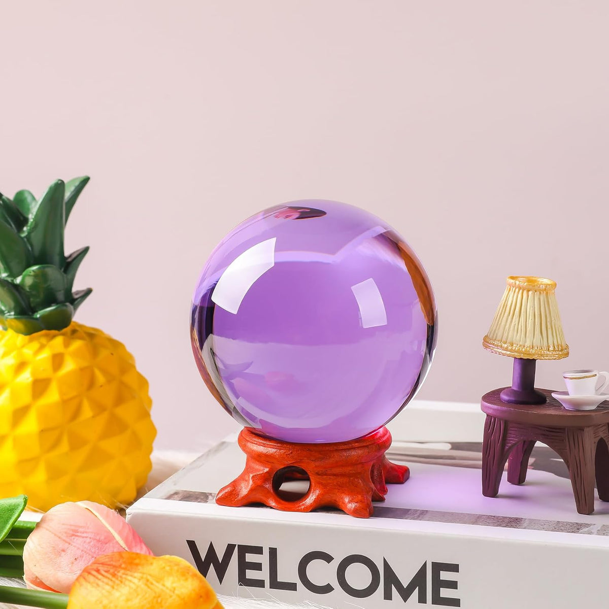 Purple 100mm/3.9 inch Large Crystal Ball with Rose Wooden Stand and Gift Box for lensball