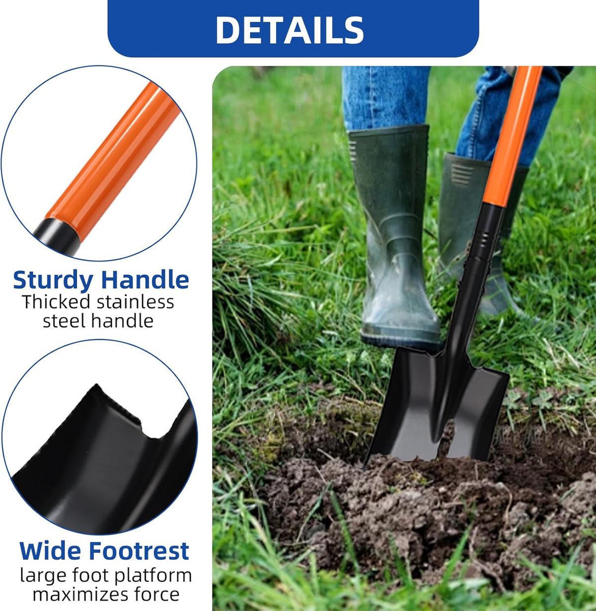 Small Square Shovel for Digging with Metal Handle, 43.3 Inch Heavy Duty Small Shovel, Trench