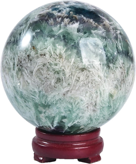 JIC Gem Large Crystal Ball Feather Fluorite Healing Crystals Sphere with Wooden Stand Meditation